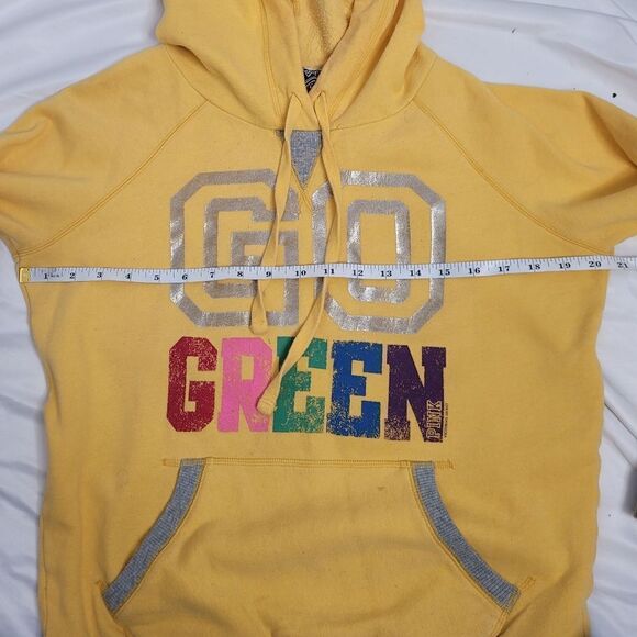 Y2K VS PINK go green hoodie‎ bright yellow distressed spellout sweatshirt S - Picture 7 of 8
